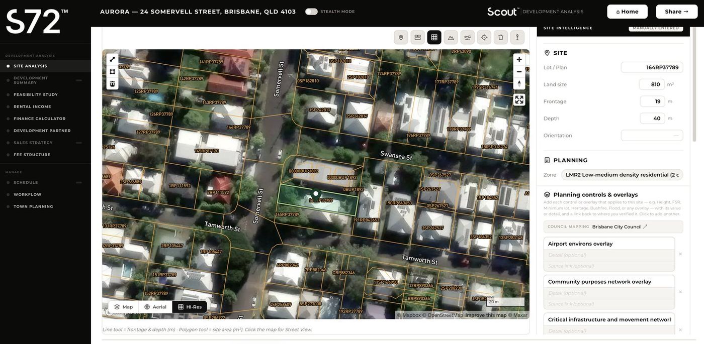 Scout site analysis — zoning, dimensions and planning constraints
